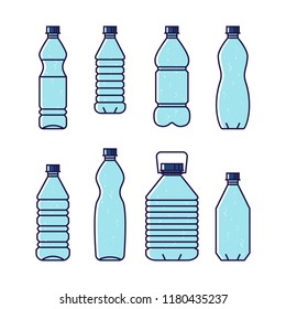 Pure drinking water. Line vector illustration of set of plastic bottles. Blue bottles isolated on white background.