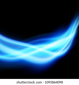 Pure energy - magical blue futuristic light streak waves. Transparent soft mild gradient swooshes over black background. Liquid smoke pattern. Vector illustration