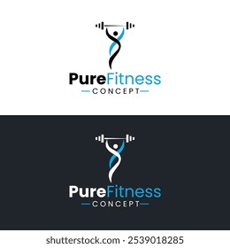 The "Pure Fitness Concept" logo features a DNA-shaped figure lifting a barbell, with "Pure" in black, "Fitness" in blue, and "CONCEPT" below. It’s shown on light and dark backgrounds.
