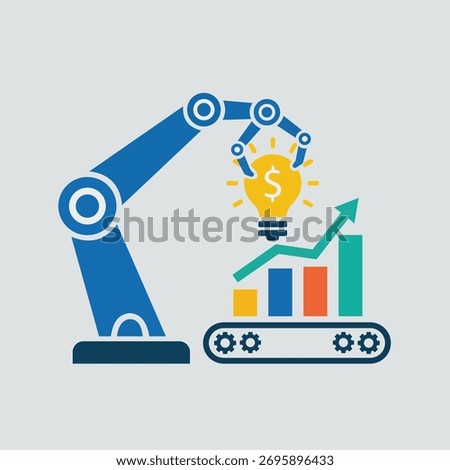 Pure Flat 2D Vector Illustration of Artificial Intelligence Automation with Robotic Arm and Idea Bulb