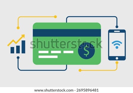 Pure Flat 2D Vector Illustration of Financial Technology (FinTech) with Credit Card and Mobile Payment