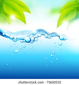 Pure Fresh Mineral Water with fresh green leaves. Vector illustration