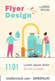 Pure fresh water concept. Tiny woman pouring clean water from faucet with mountain landscape in background. Vector illustration for natural drink, healthy environment concept
