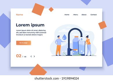 Pure fresh water concept. Tiny woman pouring clean water from faucet with mountain landscape in background. Vector illustration for natural drink, healthy environment concept