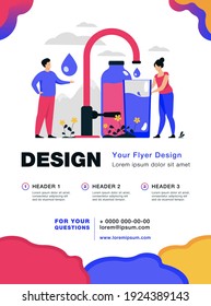 Pure fresh water concept. Tiny woman pouring clean water from faucet with mountain landscape in background. Vector illustration for natural drink, healthy environment concept