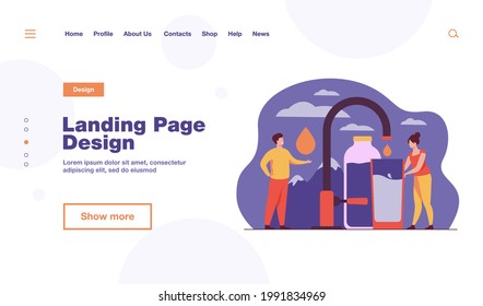Pure fresh water concept. Tiny woman pouring clean water from faucet with mountain landscape in background. Vector illustration for natural drink, healthy environment concept