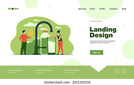 Pure fresh water concept. Tiny woman pouring clean water from faucet with mountain landscape in background. Vector illustration for natural drink, healthy environment concept