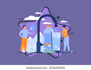 Pure fresh water concept. Tiny woman pouring clean water from faucet with mountain landscape in background. Vector illustration for natural drink, healthy environment concept