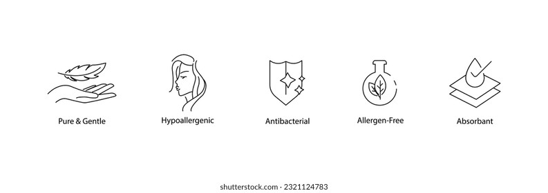 pure gentle, hypoallergenic, antibacterial, allergen free, absorbent icons vector illustration 