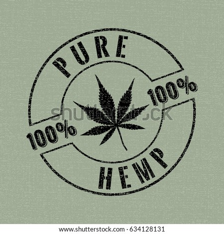 Pure Hemp Stamp Style Logo with Hand Drawn Seven Blades Cannabis or Marijuana Leaf and 100% Figure - Black Elements on Green Canvas Background - Vector Contrast Graphic Design