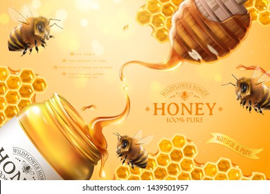 Pure honey ads with bees and honeycomb in 3d illustration on glitter yellow background