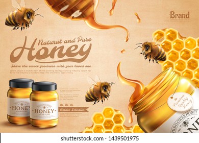 Pure honey ads with bees and honeycomb in 3d illustration on kraft paper background