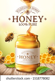 Pure honey ads with cute honey bee and honeycomb on wooden table background in 3d illustration