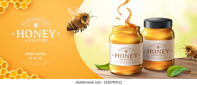 Pure honey banner ads with cute honey bee on bokeh background in 3d illustration