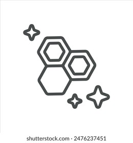 Pure Honey Combs Icon. Simple Line Illustration of Honeycombs with Sparkles, Symbolizing Freshness and Quality. Vector Symbol on White Background.
