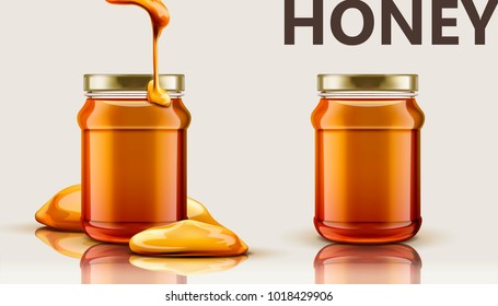 Pure honey jar mockup, set of glass jar with honey dripping from top in 3d illustration, beige background