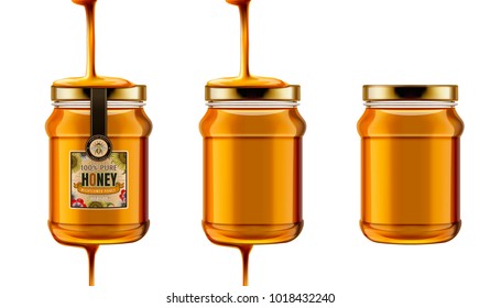 Pure honey jar mockup, set of glass jar with honey dripping from top in 3d illustration, white background