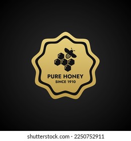 Pure honey label vector or Pure honey stamp vector on black background. Best Pure honey label for packaging. Best original honey label or stamp is useful for proving the authenticity of item.