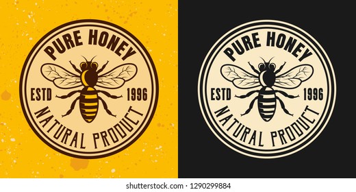 Pure honey two colored styles vector emblem, badge, label or logo on yellow and dark background