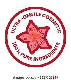 Pure ingredients in organic and ultra gentle cosmetics for skin care and facial treatment. Isolated icon with smiling flower. Package logotype or label, emblem, or logo. Vector in flat style
