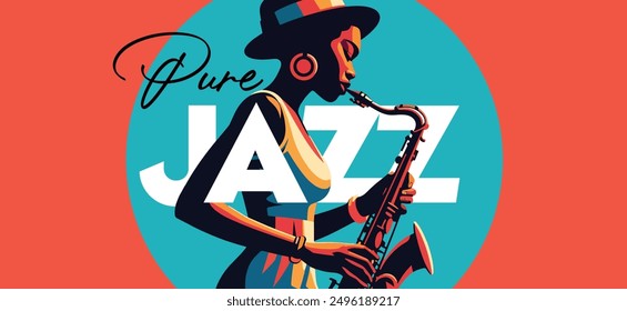 Pure Jazz - saxophone playing African American woman jazz musician in vibrant colors minimalist vector illustration.	