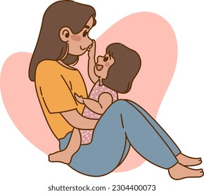 Pure Joy Mother   Daughter  The mother is sitting and little daughter holding hands   smiling  hand drawn style vector design illustrations 