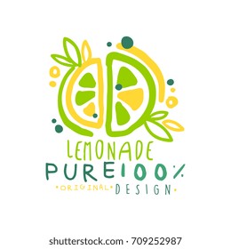 Pure lemonade 100 percent logo template original design, colorful hand drawn vector Illustration