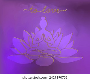 A pure lotus, with a yogin silhouette in lotus pose, on a lavender abstract backdrop, evokes tranquility and spiritual harmony. Vector poster.