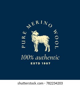 Pure Merino Wool Abstract Vector Sign, Symbol or Logo Template. Hand Drawn Lamb Sillhouette with Retro Typography. Vintage Luxury Vector Emblem. Isolated.