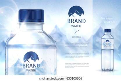 pure mineral water ad, with bottle close up on the left side and smaller bottle on the right side, snow mountain background 3d illustration 