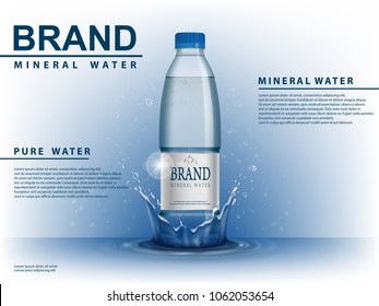 Pure mineral water ad, plastic bottle with water drop elements on blue background. Transparent Drinking water Bottle with your brand for ads or magazine design. 3d vector illustration.