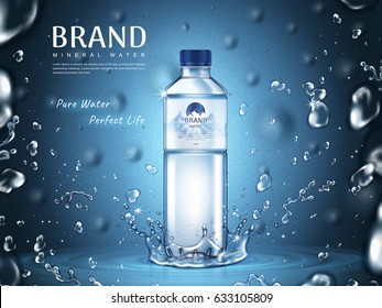 pure mineral water ad, plastic bottle in the middle and flying water drop elements, blue background 3d illustration 