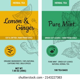 Pure mint, lemon and ginger dried cut leaves and pieces of root and citrus. Tasty and delicious tea bags flavor, fresh beverage and drink for detox and dieting. Seasonal ingredient, vector in flat