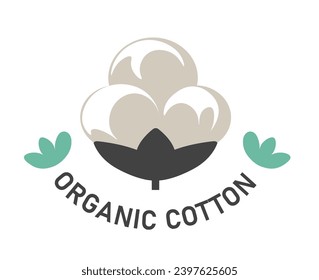 Pure natural flora without GMO. Organic cotton for production of materials and fabrics. textile product, flower with blossom. Promotional banner or logo, package sticker. Vector in flat style