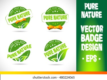 Pure nature Badge Vector Logobadge label seal stamp logo text design green leaf template vector eps
