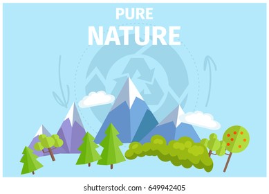 Pure nature with green trees and snowy mountains against blue background with recycling silhouette sign. Clean environment vector illustration