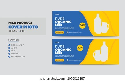 Pure organic milk product sale social media cover photo template. Milk sale timeline web banner design