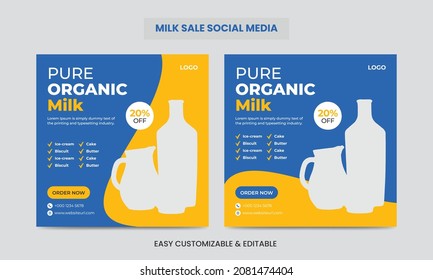 Pure organic milk product sale social media post. Milk sale web banner design