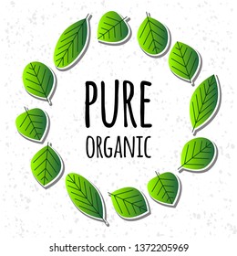 Pure organic phrase and vector leaves illustration set. Ecology, environment, botany vector elements