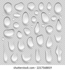 Pure rain drops realistic set. Cold water drip, transparent drop. Isolated tear or droplet, rain effect element. Condensat drips bubbles pithy vector elements