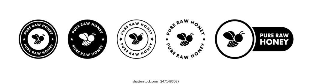 Pure Raw Honey - Vektorgrafik-Schild für Produktverpackungsetikett. Reine Rohhonig Aufkleber Vektorgrafik Set