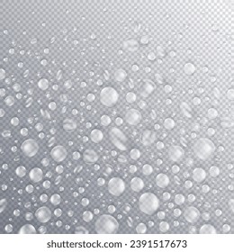 Pure realistic water drops or 3d condensation with light reflection on the surface or window. Shiny clear dew, rain droplets falling or aqua splash. Water blobs overlay on transparent background