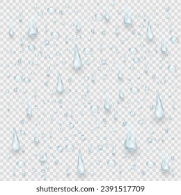 Pure realistic water drops or 3d condensation with light reflection on the surface or window. Shiny clear dew, rain droplets falling or aqua splash. Blobs overlay on transparent background