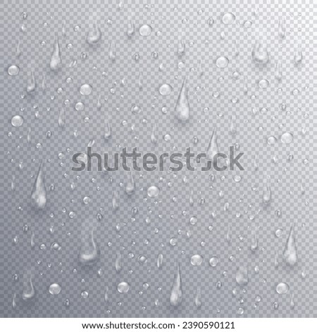 Pure realistic water drops or 3d condensation with light reflection on the surface or window. Shiny clear dew, rain droplets falling or aqua splash. Blobs overlay on transparent background