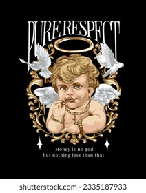 pure respect slogan with baby angel smoking in gold frame and pigeon vector illustration on black background