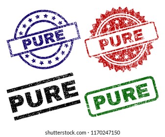 PURE seal prints with damaged style. Black, green,red,blue vector rubber prints of PURE caption with corroded style. Rubber seals with circle, rectangle, rosette shapes.