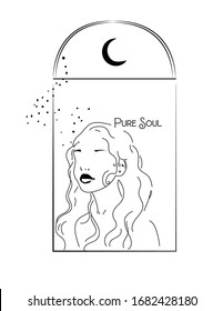 Pure soul slogan print with girl sketch - Vector