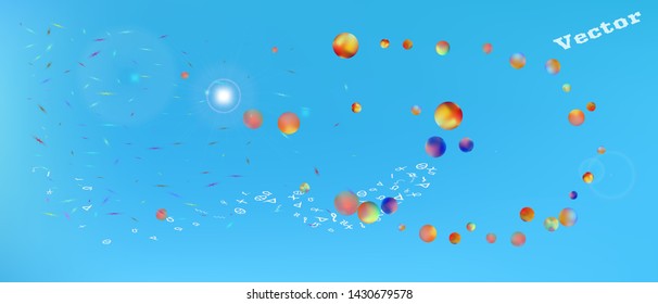 Pure space and signs confetti. Funny colorific illustration. Background blur. Light Ultra Wide background. Colorful pristine abstraction. Blue main color.