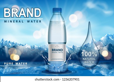 Pure sparkling water ad, plastic bottle with splash on snow with mountain background. Transparent Drinking water liquid Bottle design. 3d vector