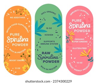 Pure spirulina powder with no addictive or artificial contains. Dietary supplement for healthy and balanced eating and nourishment. Logotype and label or emblem for package. Vector in flat style